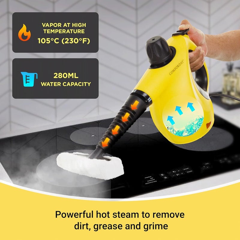Comforday Multi-Purpose Steam Cleaner with 9-Piece Accessories, Perfect for Stain Removal, Curtains, Car Seats, Floor, Bathroom, (Yellow) - Image 2